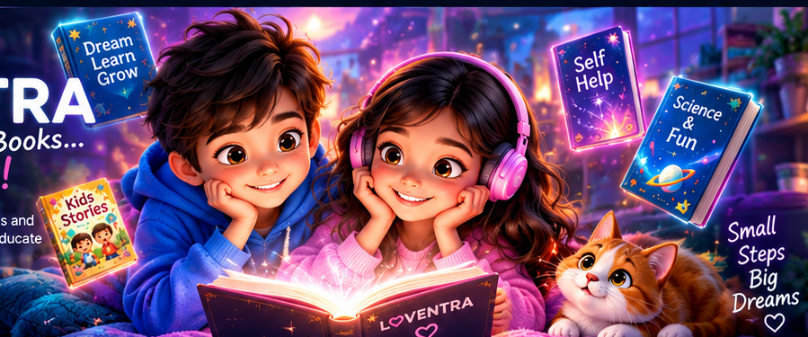 Two happy children reading a glowing magical book in a fantasy library
